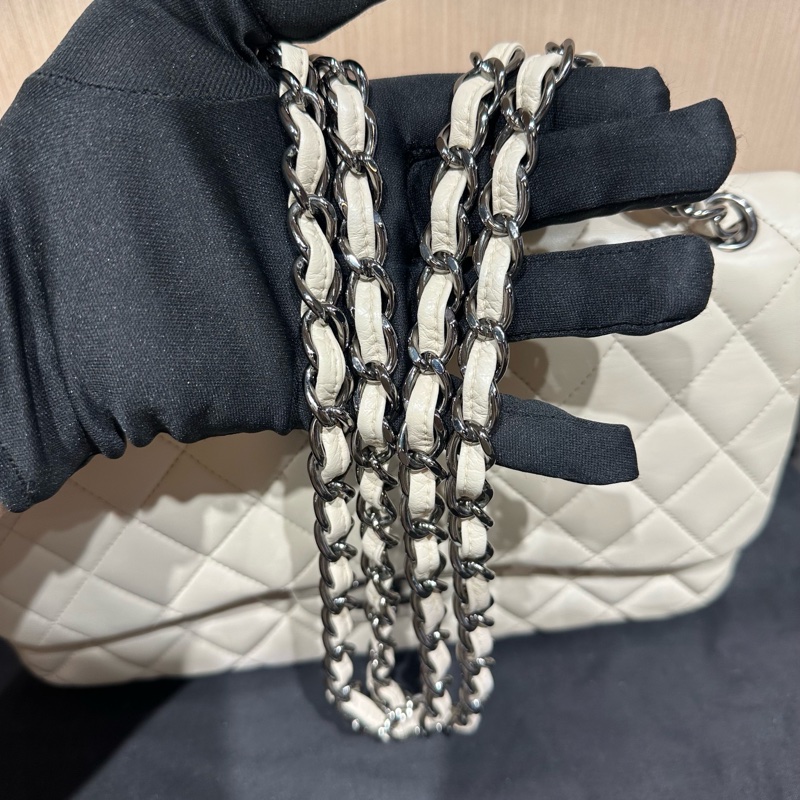 Chanel香奈兒Classic Flap CF 21K銀色金屬菱格白色-8