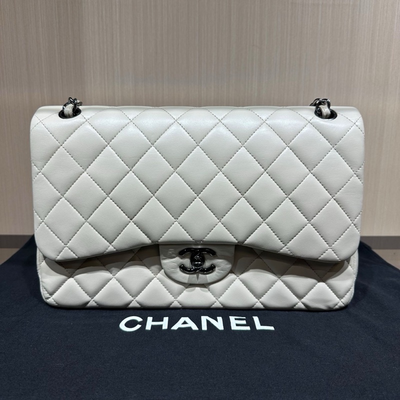 Chanel香奈兒Classic Flap CF 21K銀色金屬菱格白色-9