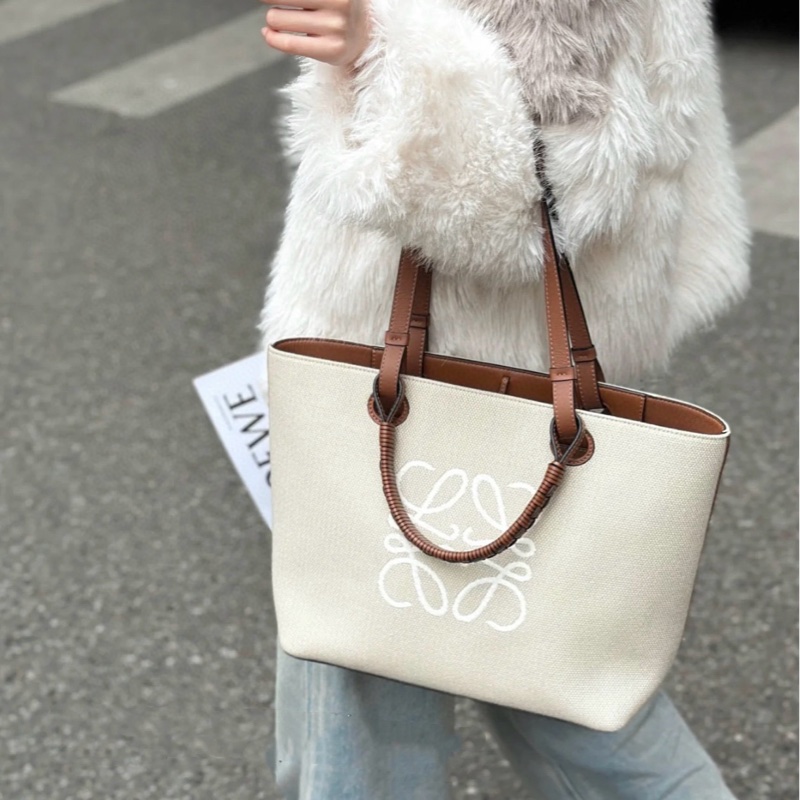 Loewe Anagram刺繡大logo菜籃子Tote 手提/單肩兩用托特包 淺米色帆布拼焦糖皮 小號約28*25*14-0