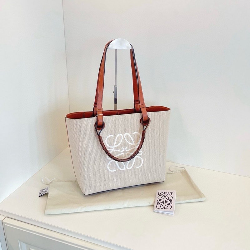 Loewe Anagram刺繡大logo菜籃子Tote 手提/單肩兩用托特包 淺米色帆布拼焦糖皮 小號約28*25*14-1