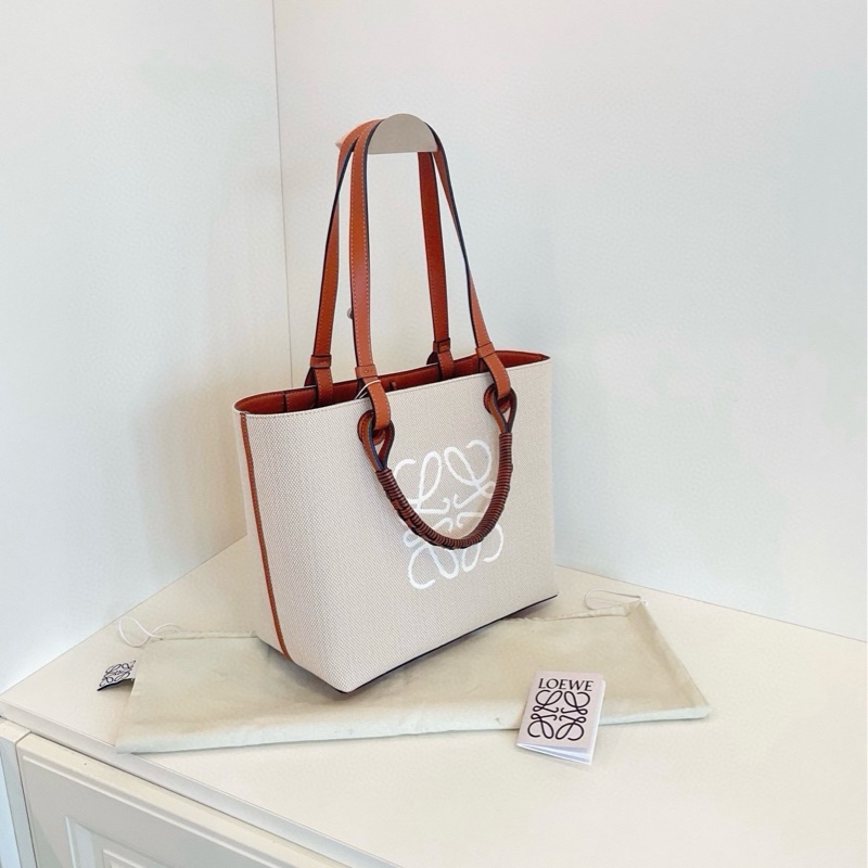 Loewe Anagram刺繡大logo菜籃子Tote 手提/單肩兩用托特包 淺米色帆布拼焦糖皮 小號約28*25*14-2