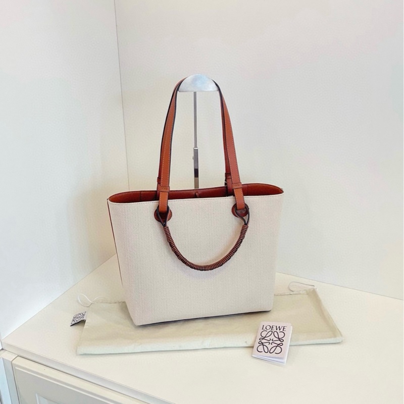 Loewe Anagram刺繡大logo菜籃子Tote 手提/單肩兩用托特包 淺米色帆布拼焦糖皮 小號約28*25*14-3