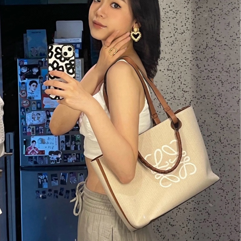 Loewe Anagram刺繡大logo菜籃子Tote 手提/單肩兩用托特包 淺米色帆布拼焦糖皮 小號約28*25*14-4