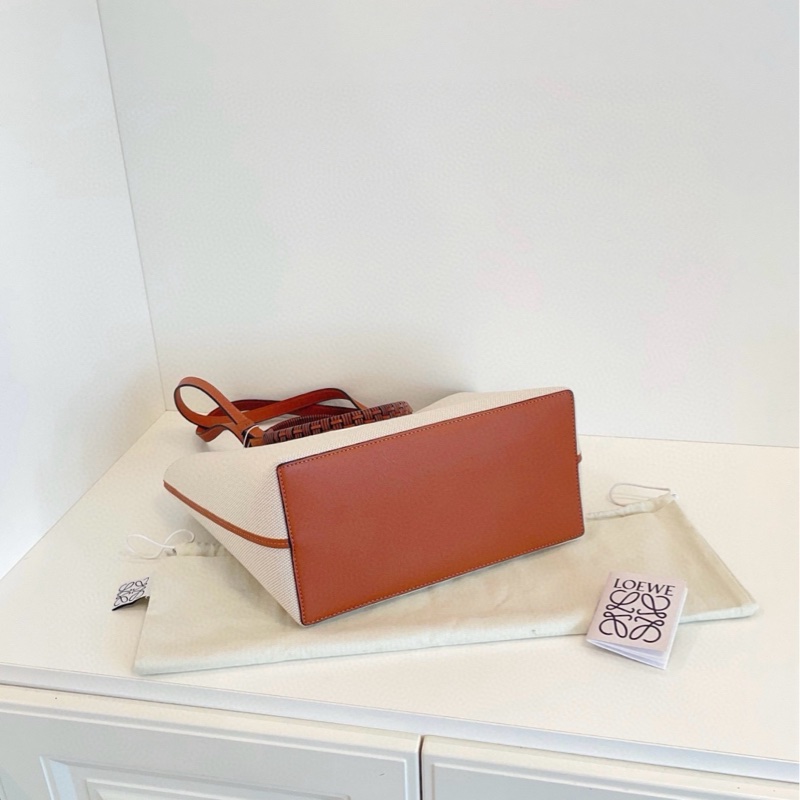 Loewe Anagram刺繡大logo菜籃子Tote 手提/單肩兩用托特包 淺米色帆布拼焦糖皮 小號約28*25*14-5