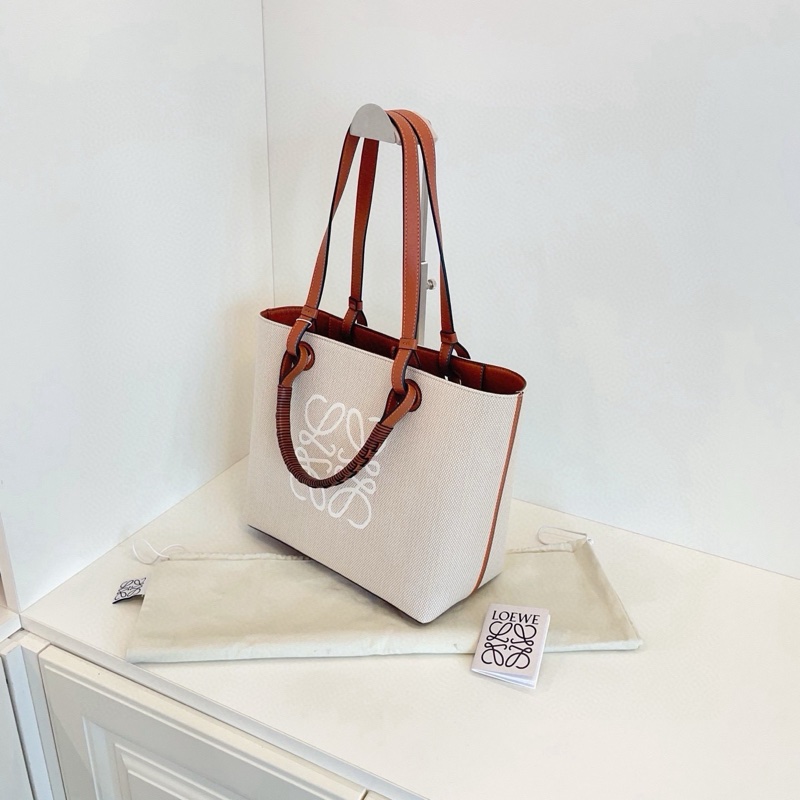 Loewe Anagram刺繡大logo菜籃子Tote 手提/單肩兩用托特包 淺米色帆布拼焦糖皮 小號約28*25*14-6