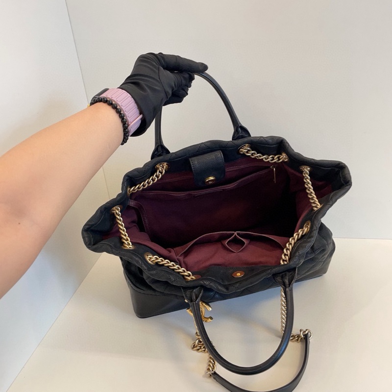 Chanel 黑金荔枝牛皮 手提單肩 鏈條 tote 托特包 約36*27*16-1