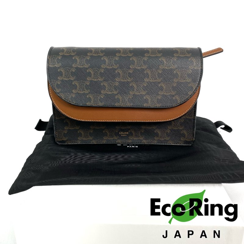 △ Celine 思琳 Brown Triomphe Coated Canvas Wallet On Strap 啡色塗層帆布銀包連肩帶 - 257017714-0