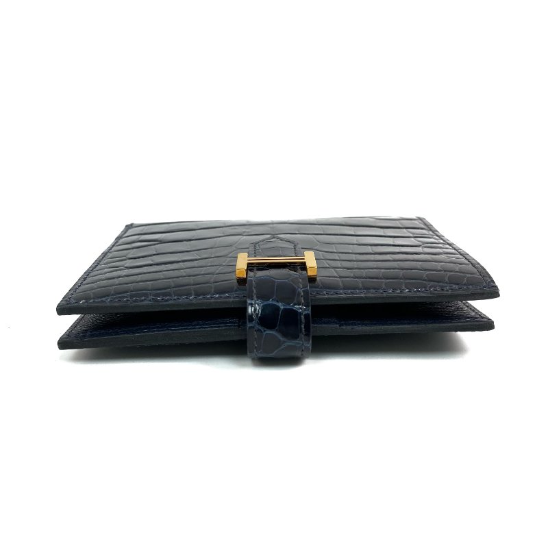 △ Hermes 愛馬仕 Navy Alligator Skin Gold Plated Metal Short Wallet Stamp Y 深藍色短吻鰐魚皮鍍金金屬短銀包Y刻 - 257017368-3