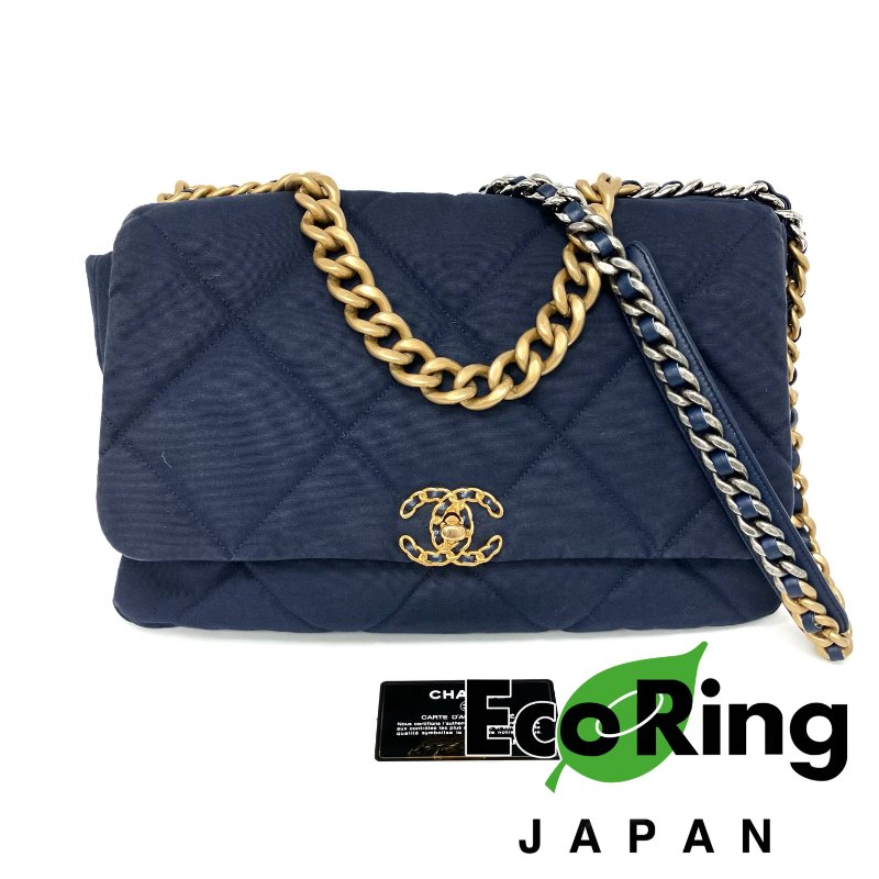 △ Chanel 香奈兒 Maxi 19 Bag Navy Canvas Gold-tone Ruthenium-Finish Metal Chain 2Way Bag AS1162 No.28 深藍色帆布金色鍍釕金屬鏈條兩用袋 AS1162 No.28 - 257016968-0