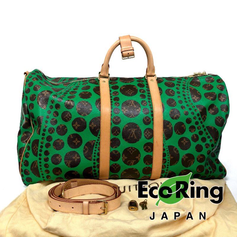 △ Louis Vuitton 路易威登 Yayoi Kusama Keepall 55 Brown, Green Coated Canvas Dot 2Way Bag 草間彌生啡色, 綠色塗層帆布圓點兩用袋 -257015986-0