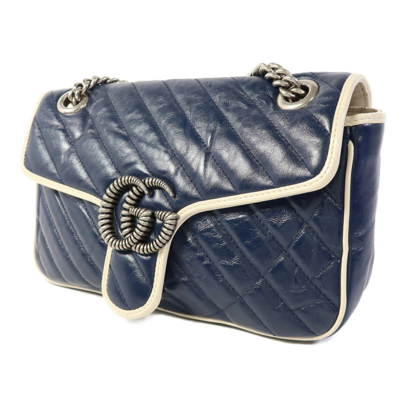GUCCI 牛皮皮革GG Marmont Shoulder Bag銀扣鏈帶肩背袋-2