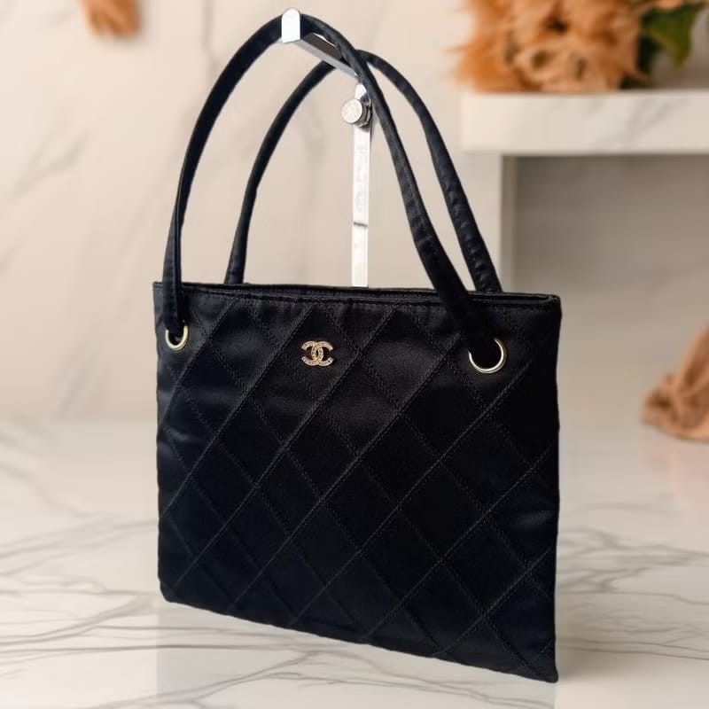 【LA LUNE】絕版中古包 Chanel 黑色格紋水鑽托特包 古董包 復古包 古著包-0