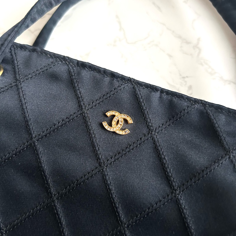 【LA LUNE】絕版中古包 Chanel 黑色格紋水鑽托特包 古董包 復古包 古著包-1