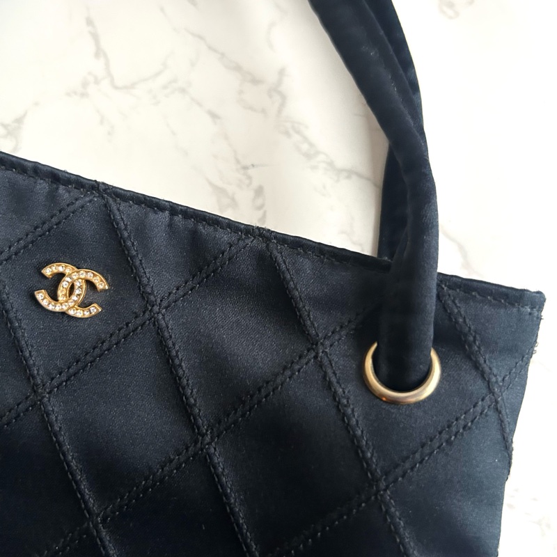 【LA LUNE】絕版中古包 Chanel 黑色格紋水鑽托特包 古董包 復古包 古著包-2