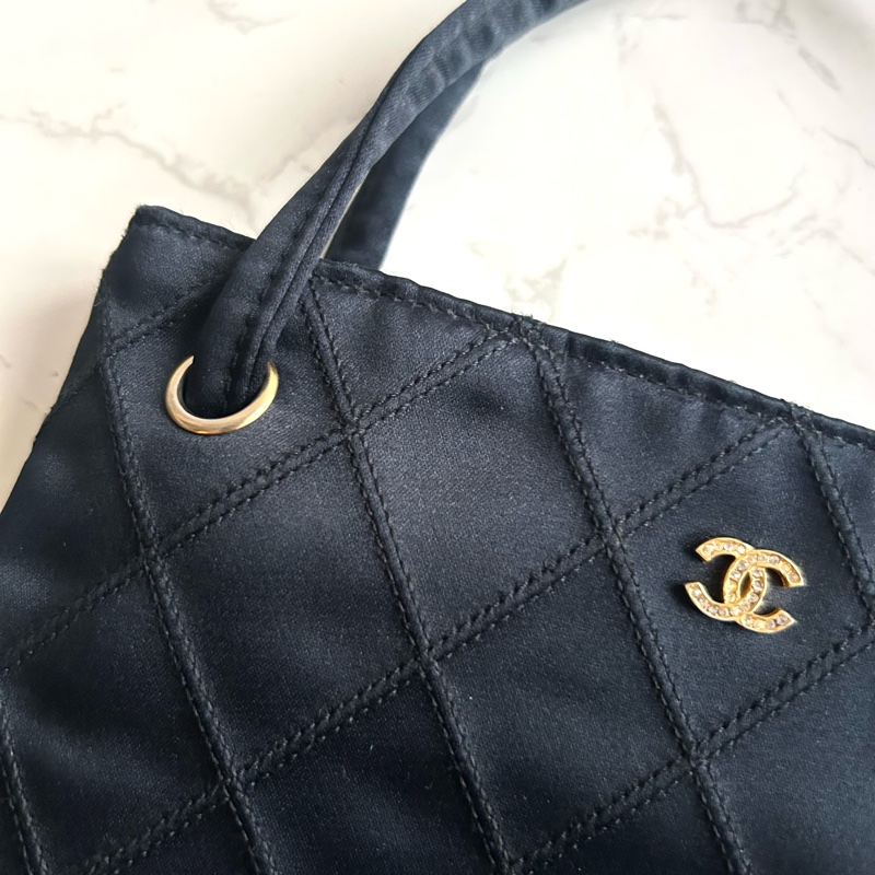 【LA LUNE】絕版中古包 Chanel 黑色格紋水鑽托特包 古董包 復古包 古著包-3