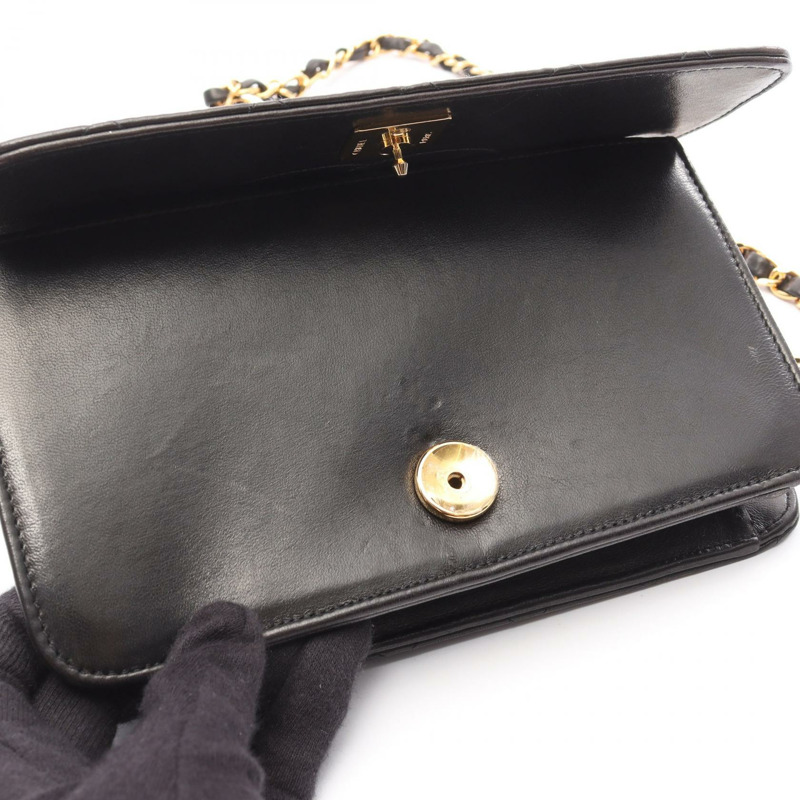 香奈兒迷你絎縫全蓋鏈條單肩背包,羊皮材質,黑色,二手,金色五金-6