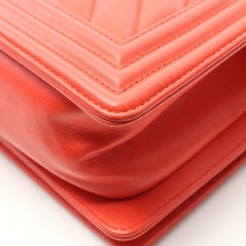 CHANEL Boy Chanel 人字形 V 形針腳鏈條單肩包 小羊皮 紅色 GHW CC-7