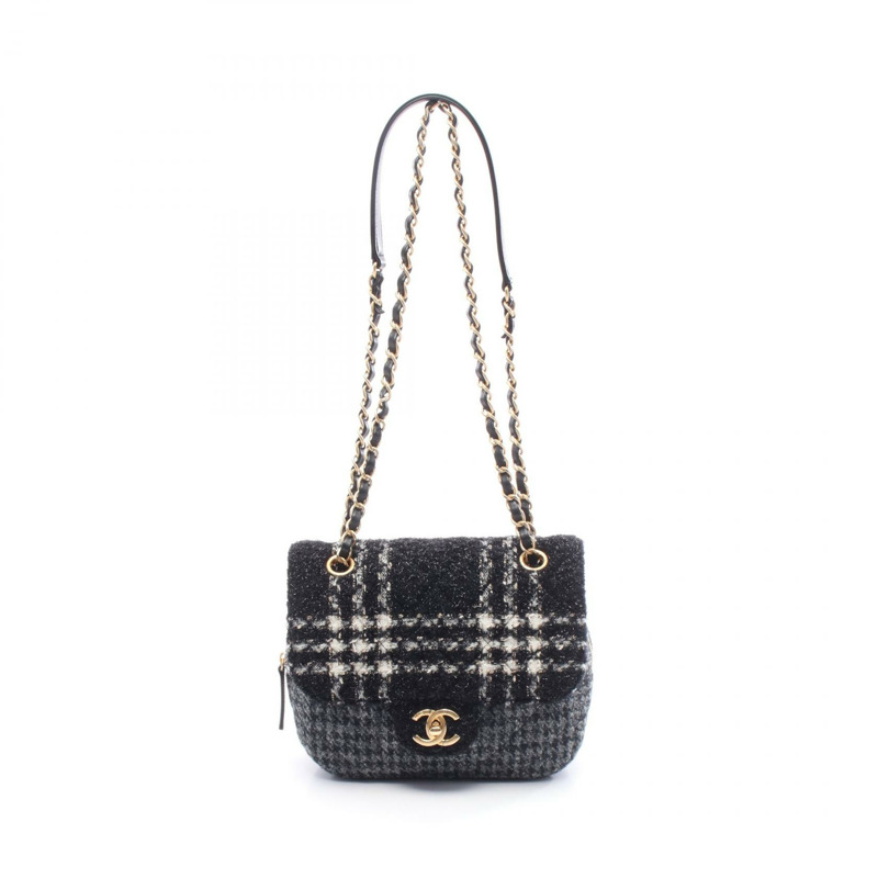 CHANEL Matelasse 鏈條單肩包 AS3546 羊毛布料黑白灰色二手 GHW-0