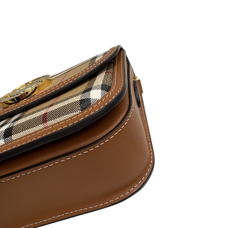 BURBERRY 巴寶莉 肩背包 PVC帆布 格紋 棕色 金釦-7