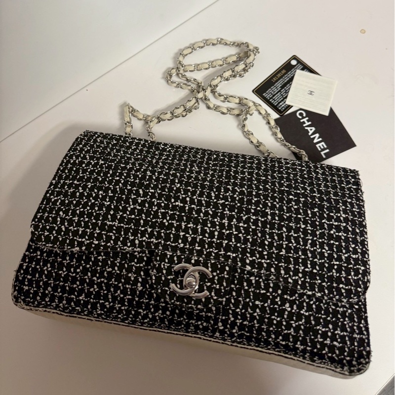 CHANEL CF30 黑白斜紋軟呢口蓋包鏈條包 30CM-3