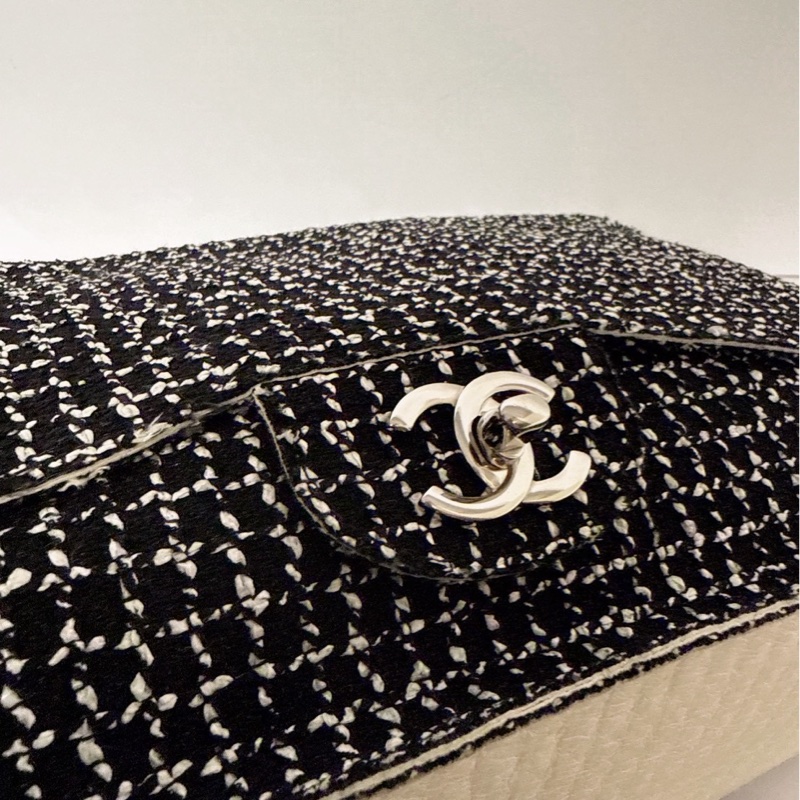 CHANEL CF30 黑白斜紋軟呢口蓋包鏈條包 30CM-14