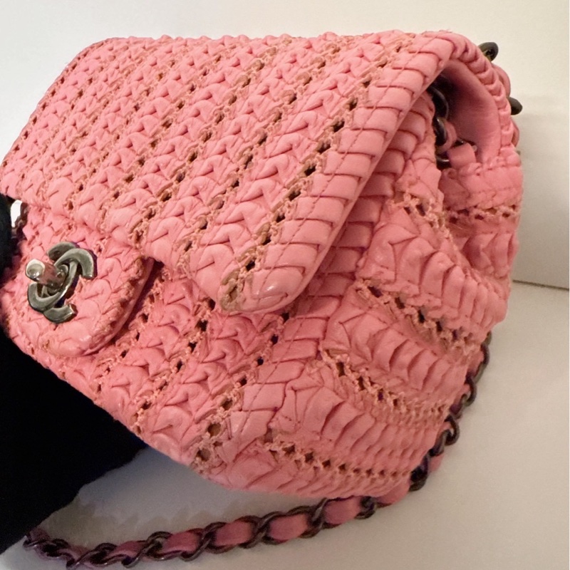CHANEL 粉色編織小方胖包口蓋包-2