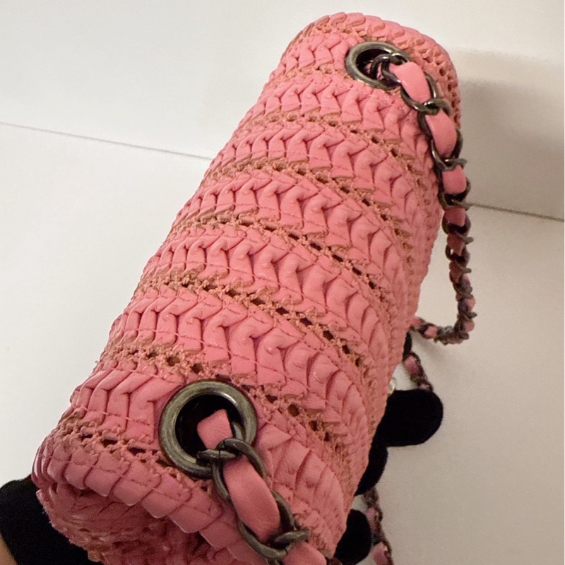 CHANEL 粉色編織小方胖包口蓋包-6