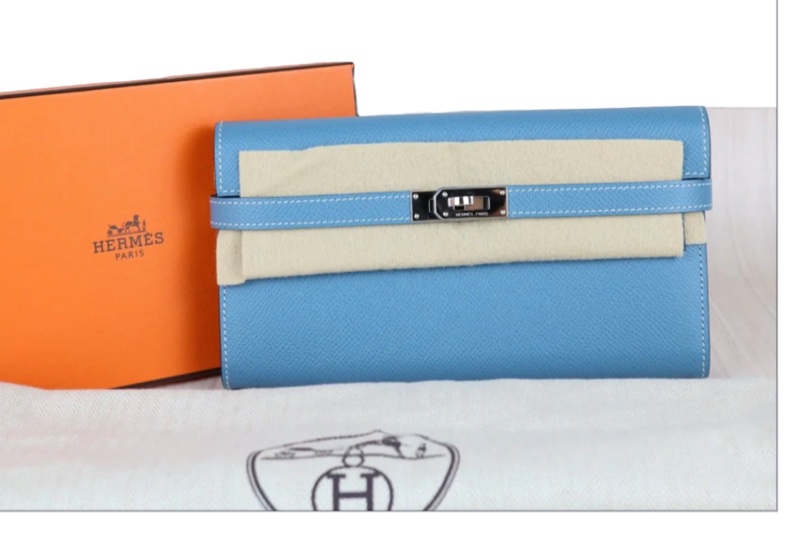 「JL精品代購」 極新愛馬仕Hermes Kelly long藍銀長夾-0