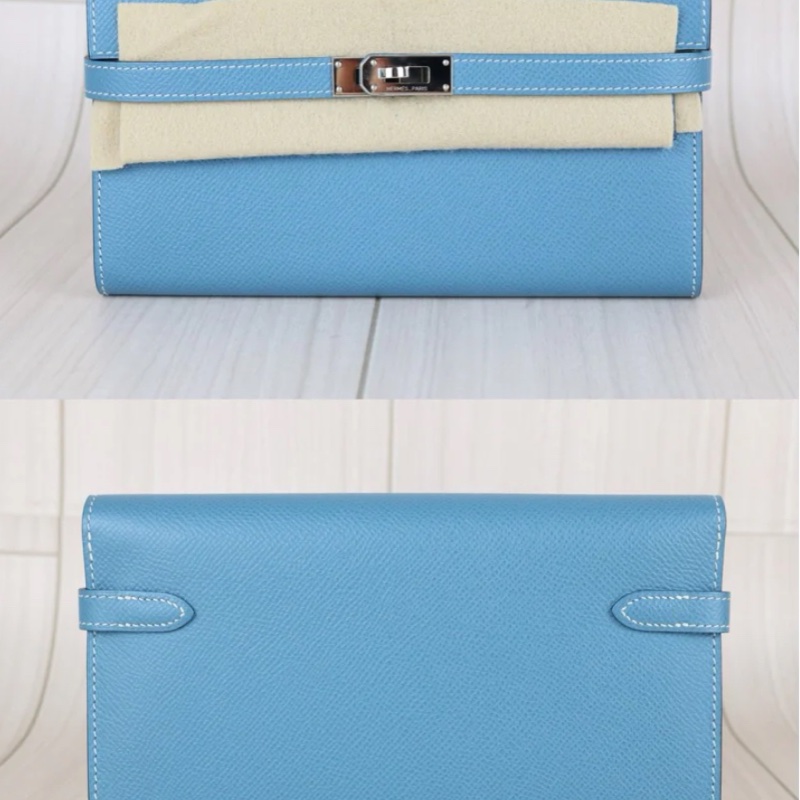 「JL精品代購」 極新愛馬仕Hermes Kelly long藍銀長夾-1