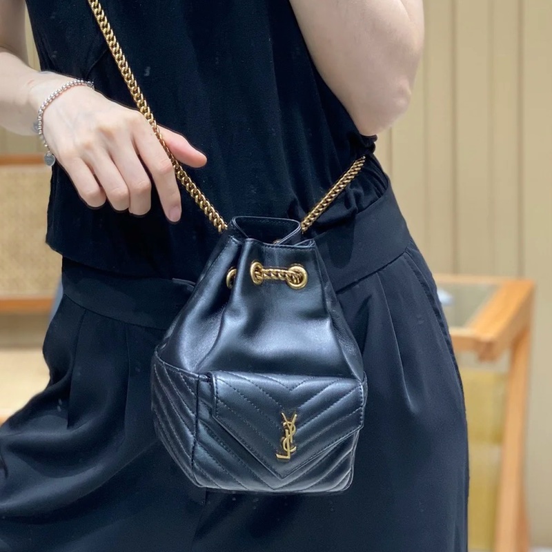 明星同款🤩Ysl黑金joe羊皮V紋迷你小水桶斜挎單肩鏈條包-2