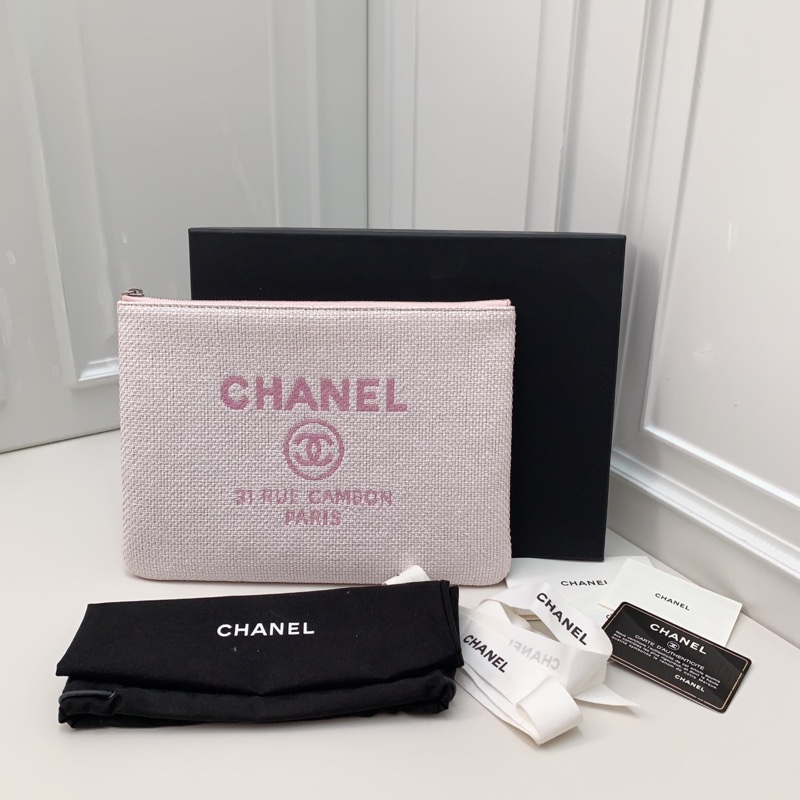 98新 CHANEL香奈兒 24開白拼粉編織手拿包-0