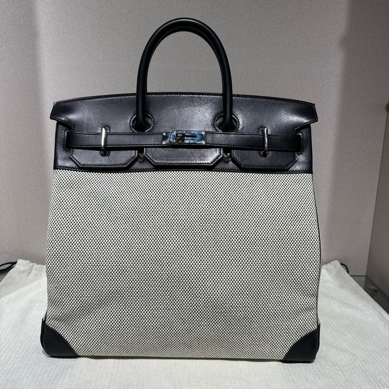 Hermes 愛馬仕 HAC 40 黑銀帆布包 華夫格紋-9