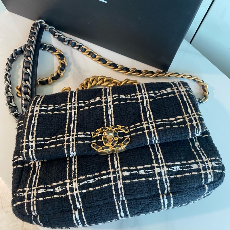 Chanel 黑色格子毛呢19bag-13