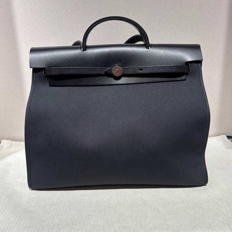 Hermes愛馬仕Herbag Zip Zip 39銀扣帆布拼牛皮-0