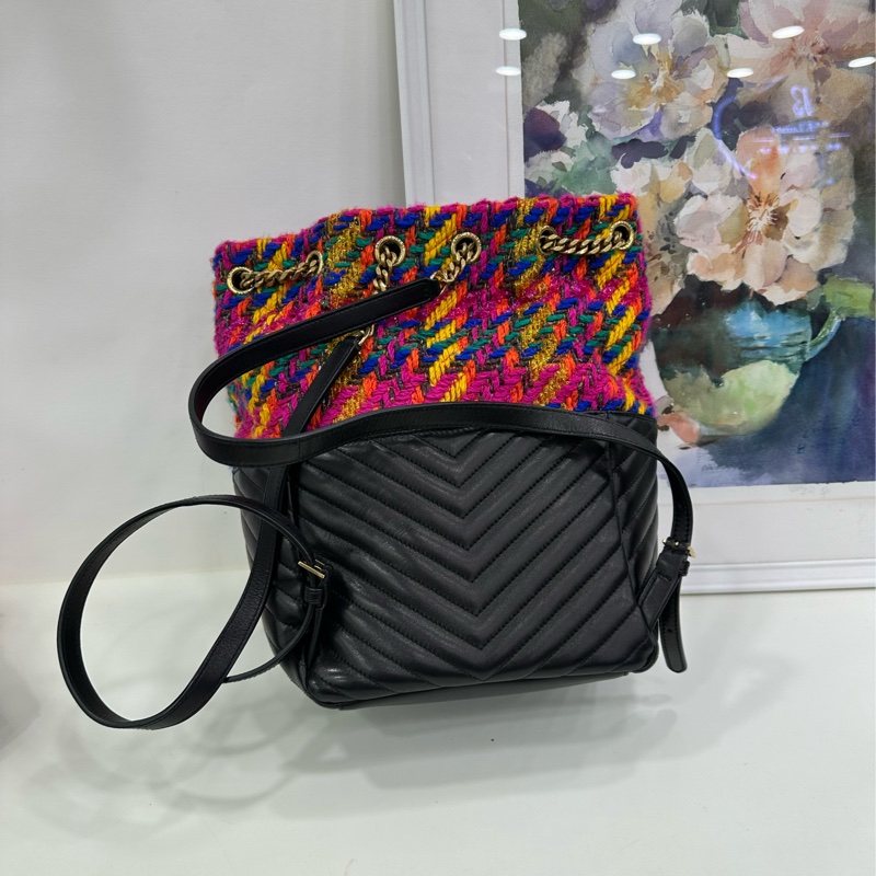 YSL/聖羅蘭毛呢拼皮joe鏈條雙肩包rose同款 19*28cm-4