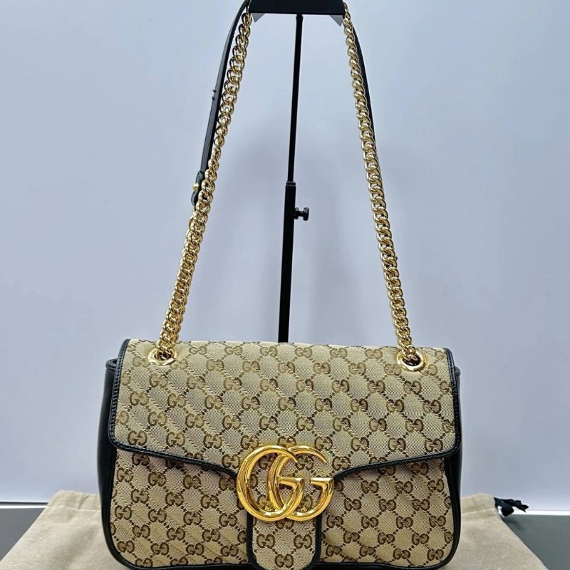 GUCCI GG Marmont烏木色拼黑色大號肩背斜背包30.5*18*8 98新配件塵袋-0