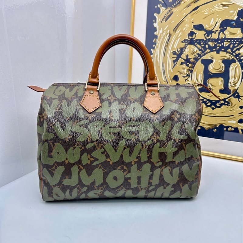 Louis Vuitton lv路易威登 限量款speedy綠色字母圖案手提包 LV 和Stephen藝術家限定字母塗鴉款-1