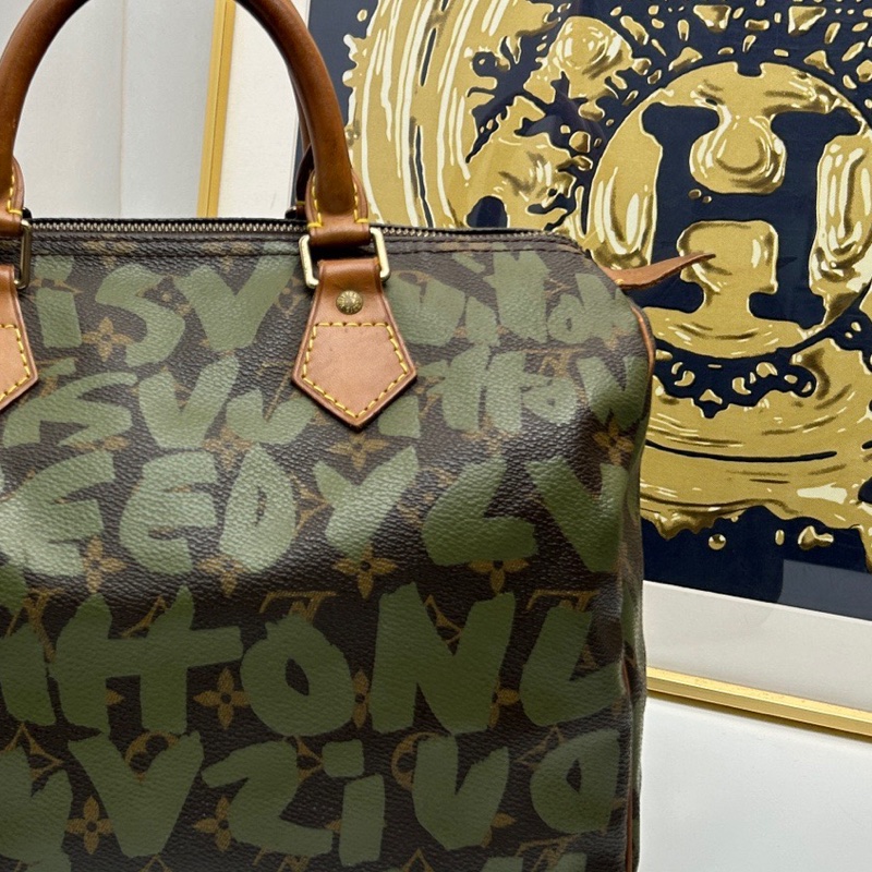Louis Vuitton lv路易威登 限量款speedy綠色字母圖案手提包 LV 和Stephen藝術家限定字母塗鴉款-2