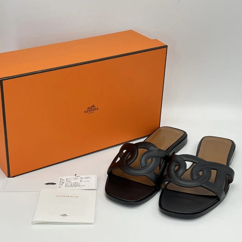 HERMES 黑色豬鼻子拖鞋37號 98新配件盒子塵袋-0