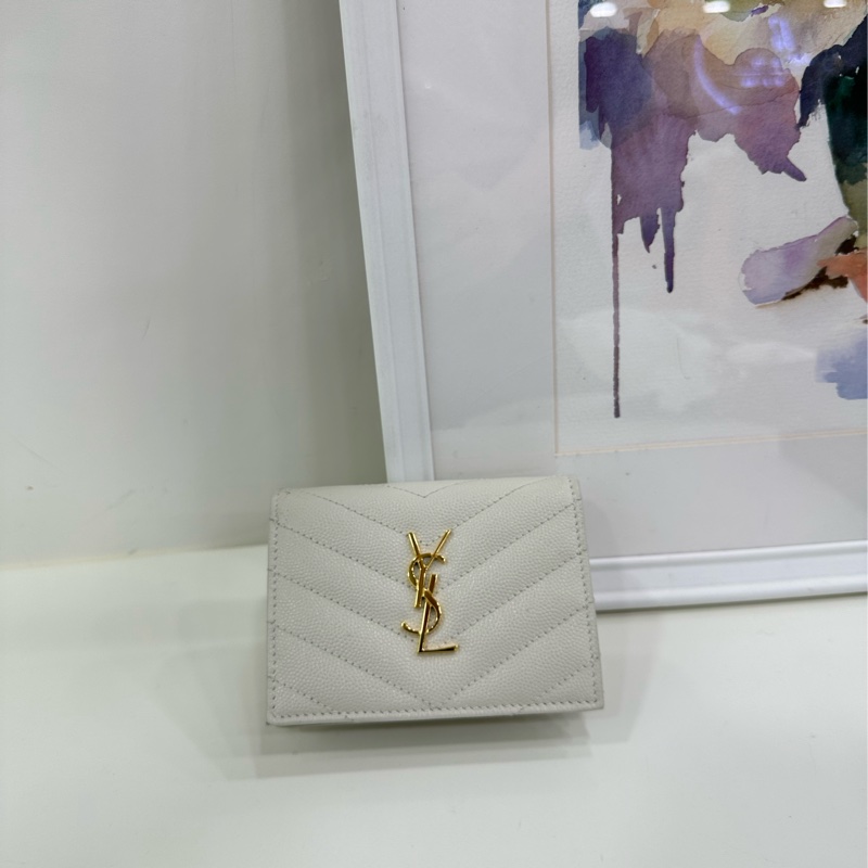 YSL聖羅蘭 米白金配色 魚子醬牛皮短款折疊拉鍊小錢夾 尺寸9*11-12-1
