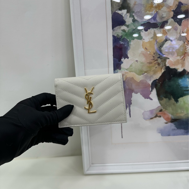 YSL聖羅蘭 米白金配色 魚子醬牛皮短款折疊拉鍊小錢夾 尺寸9*11-12-3