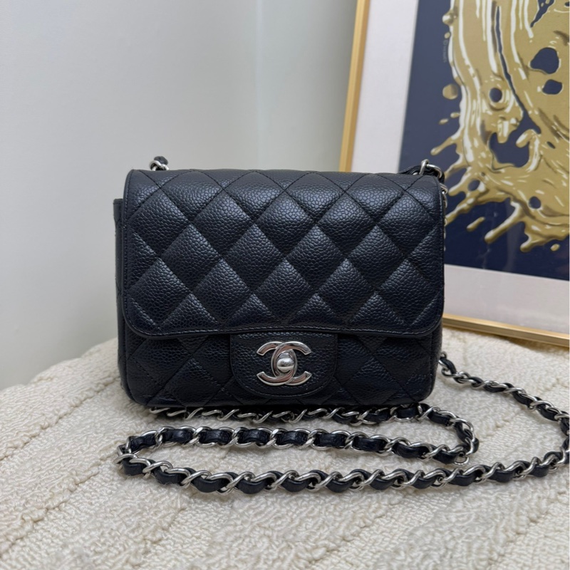 香奈兒 Chanel cf 方胖子 黑色銀扣 單肩斜挎包-0