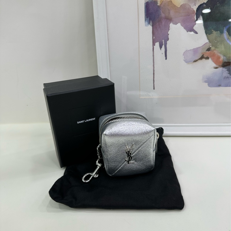 SAINT LAURENT 聖羅蘭 YSL Jamie Logo 金銀絲皮革零錢包 銀色 女款-0