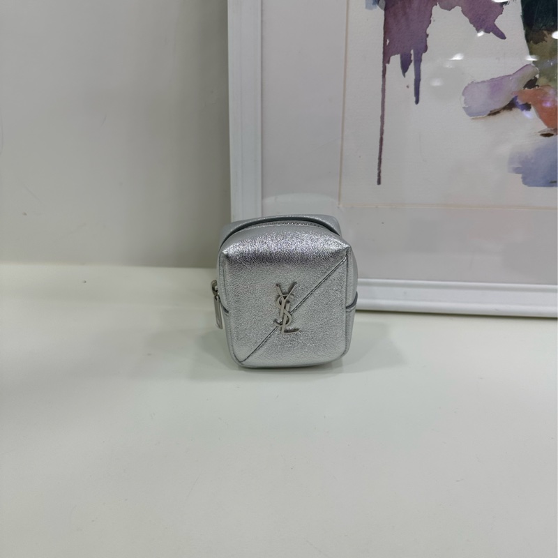 SAINT LAURENT 聖羅蘭 YSL Jamie Logo 金銀絲皮革零錢包 銀色 女款-1