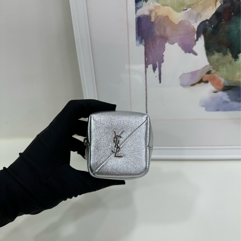 SAINT LAURENT 聖羅蘭 YSL Jamie Logo 金銀絲皮革零錢包 銀色 女款-2