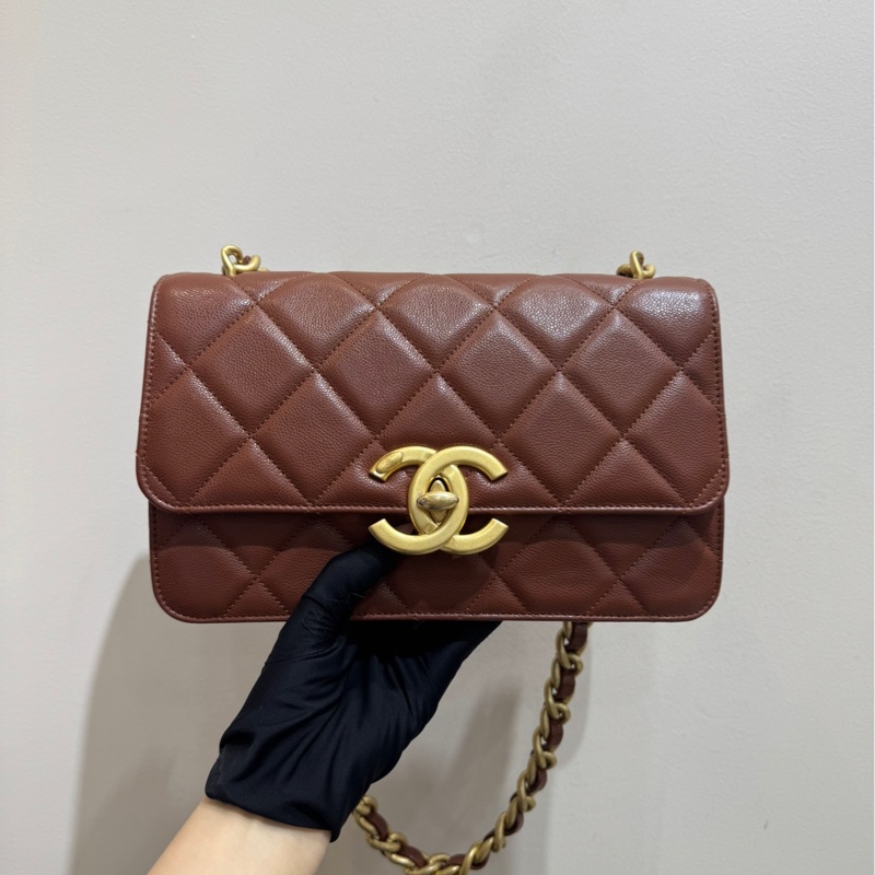 香奈兒 Chanel 棕色金扣大logo粗鏈條包 單肩斜挎包-1