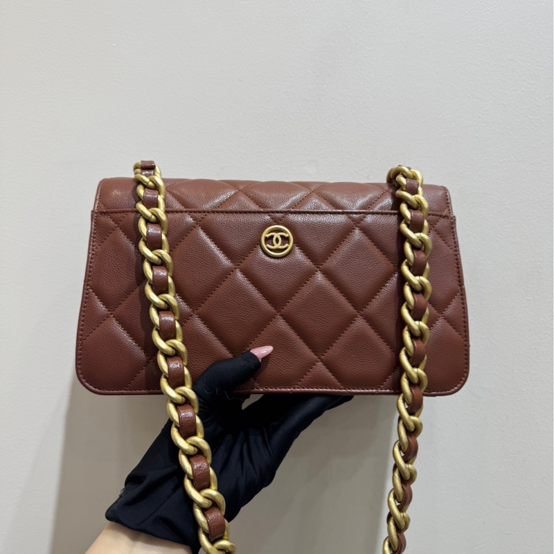 香奈兒 Chanel 棕色金扣大logo粗鏈條包 單肩斜挎包-2