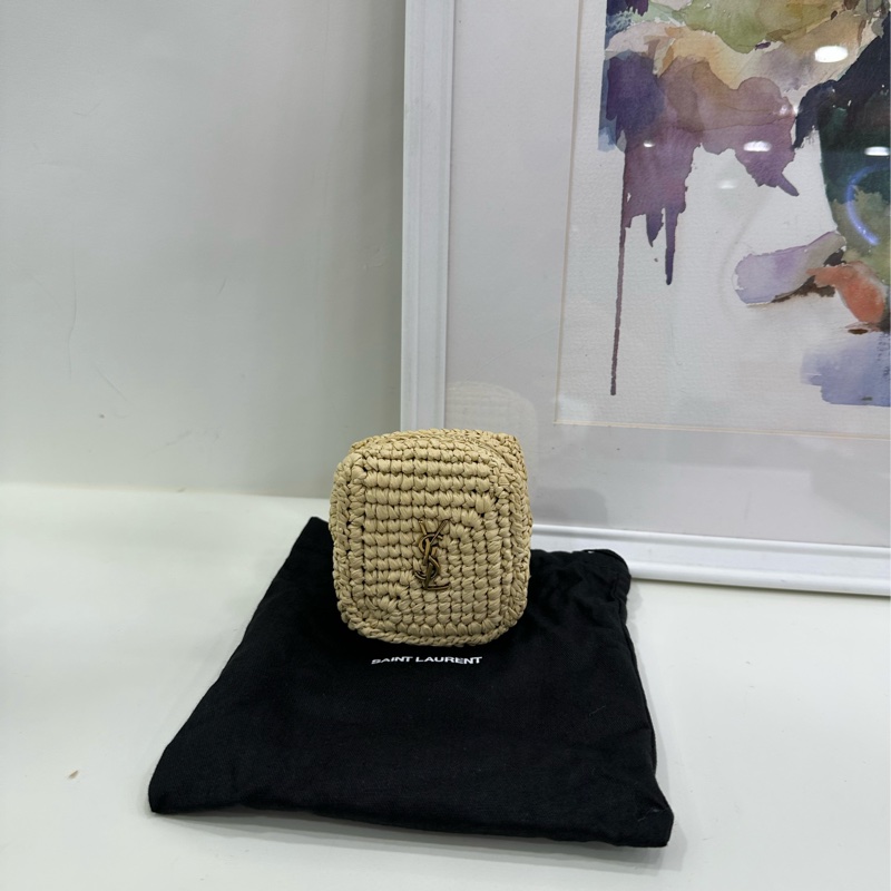 聖羅蘭 YSL 金標Logo 天然編織 方塊包 拉菲草 編織 拉鍊零錢包錢包錢夾 自然亞麻色-1