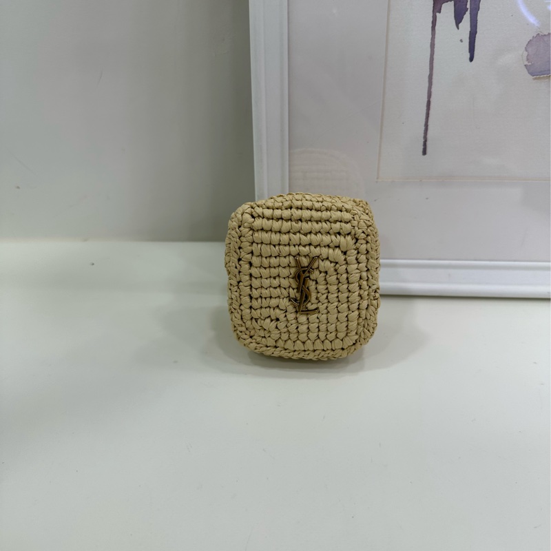 聖羅蘭 YSL 金標Logo 天然編織 方塊包 拉菲草 編織 拉鍊零錢包錢包錢夾 自然亞麻色-2