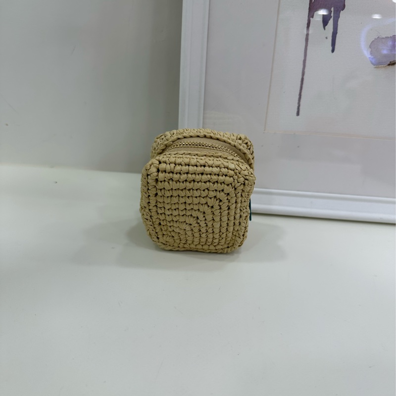 聖羅蘭 YSL 金標Logo 天然編織 方塊包 拉菲草 編織 拉鍊零錢包錢包錢夾 自然亞麻色-3